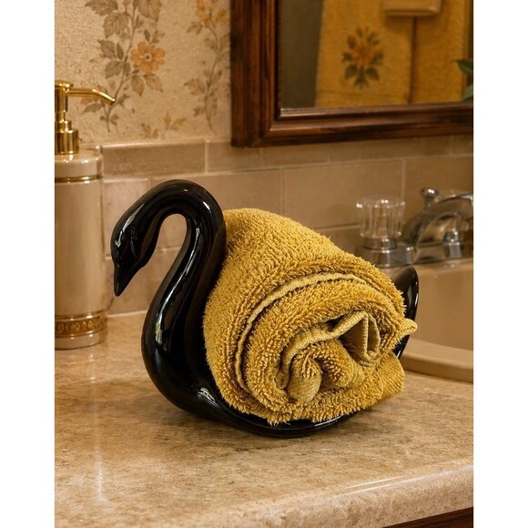 Other - Vintage Black Ceramic Swan Hand Towel Hand Cloth Holder Bathroom Decor 6” Towel